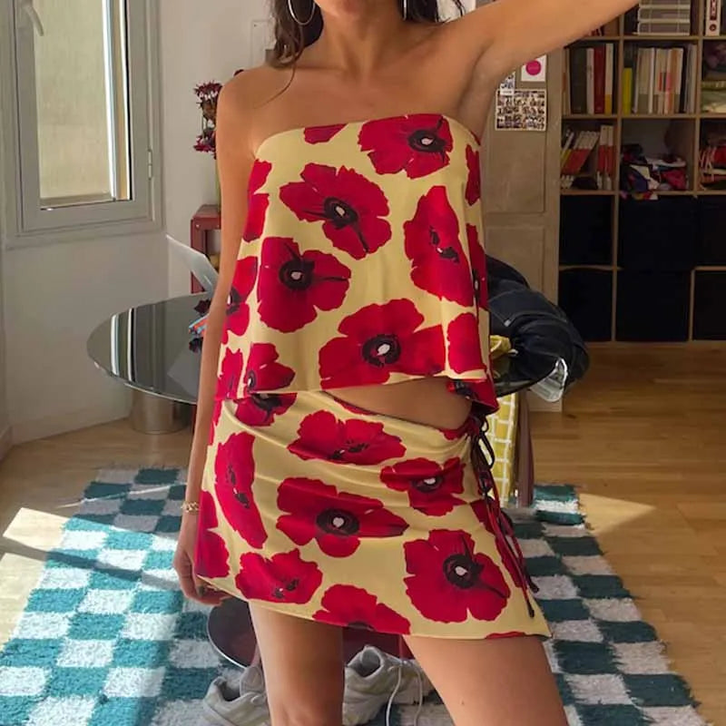 Multi-wear style Floral Print Mini Skirt Crop Tops Women Slim Low Waist Side Split Tie-Up Bodycon Skirt Y2K Vintage Streetwear