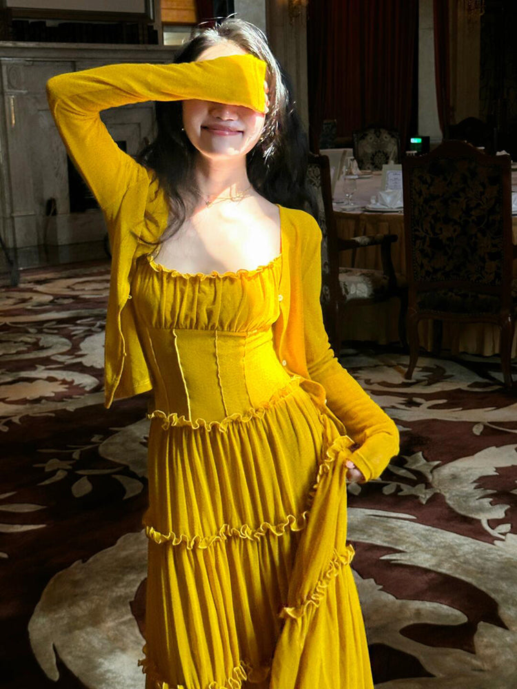 Mustard Yellow Ruched Ruffle Maxi Dress Chic & Bright Summer Statement