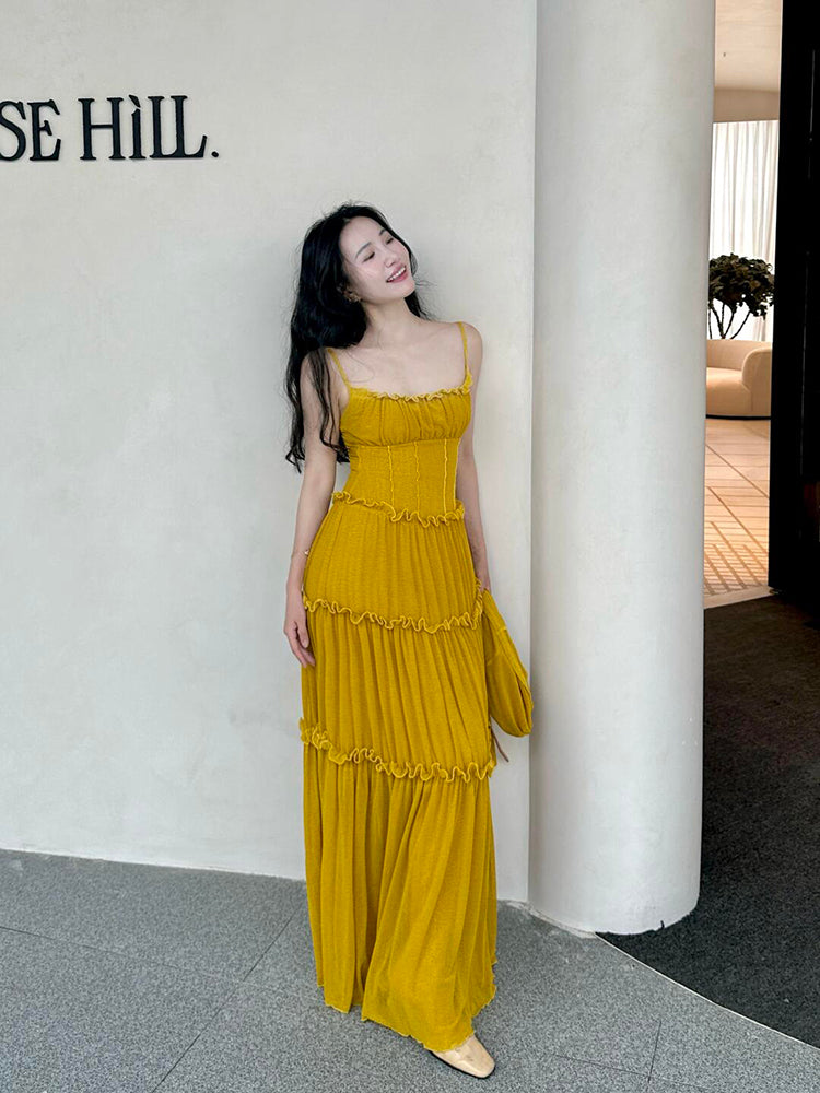 Mustard Yellow Ruched Ruffle Maxi Dress Chic & Bright Summer Statement