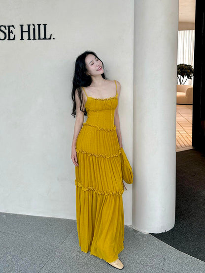 Mustard Yellow Ruched Ruffle Maxi Dress Chic & Bright Summer Statement