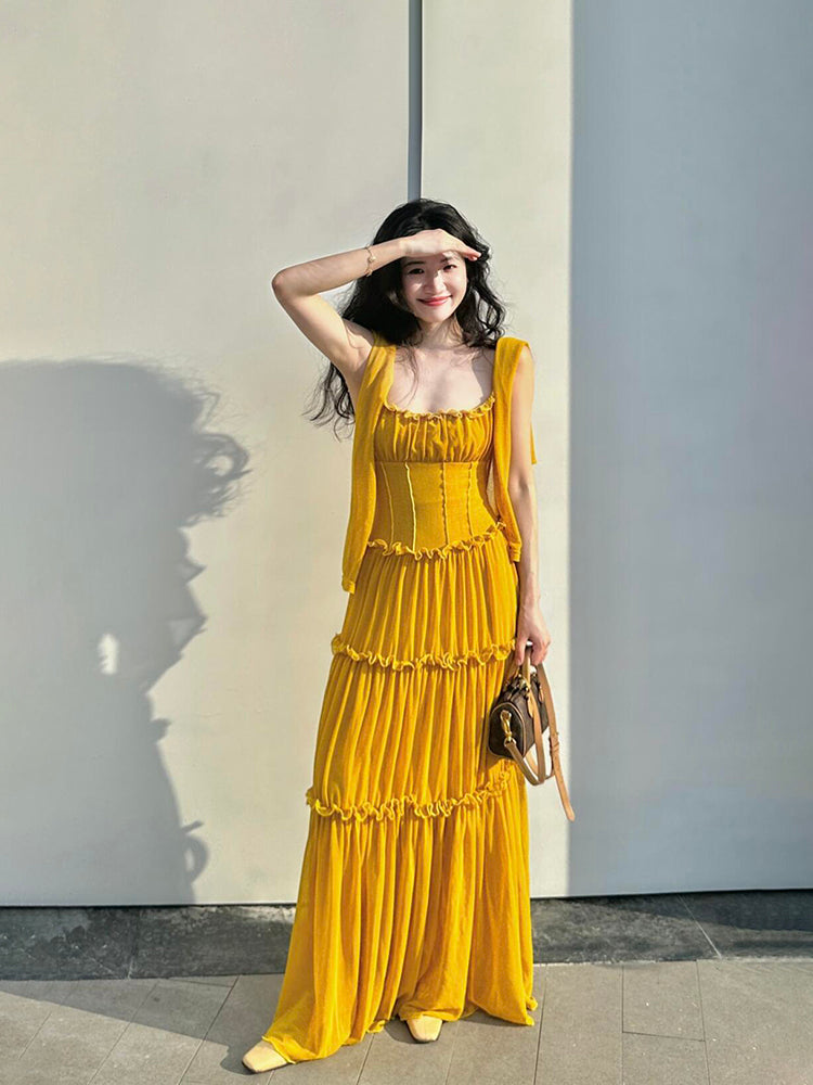 Mustard Yellow Ruched Ruffle Maxi Dress Chic & Bright Summer Statement