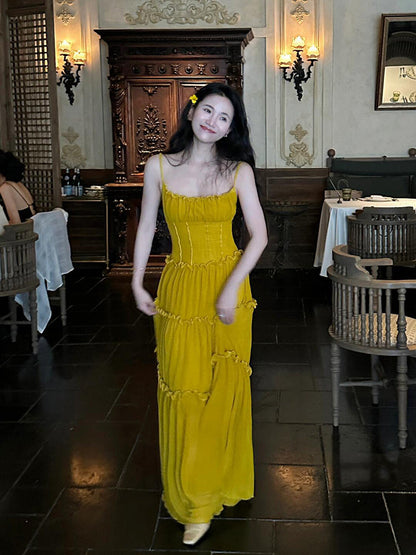 Mustard Yellow Ruched Ruffle Maxi Dress Chic & Bright Summer Statement