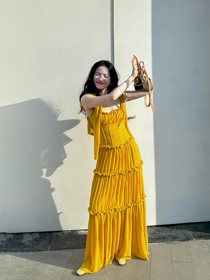 Mustard Yellow Ruched Ruffle Maxi Dress Chic & Bright Summer Statement