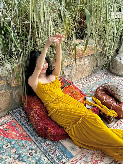 Mustard Yellow Ruched Ruffle Maxi Dress Chic & Bright Summer Statement