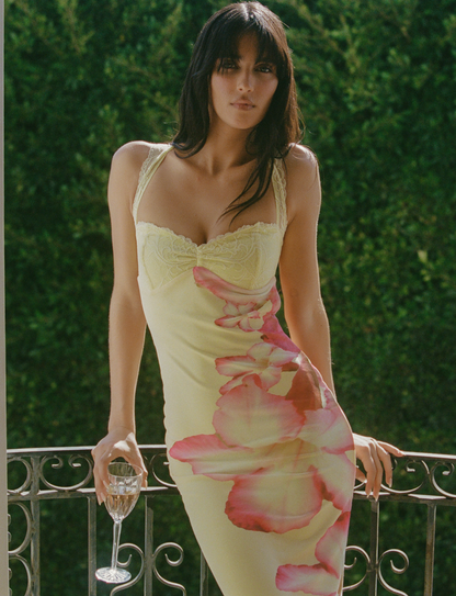 Floral Print Lace Strap Sweetheart Bustier Maxi Dress