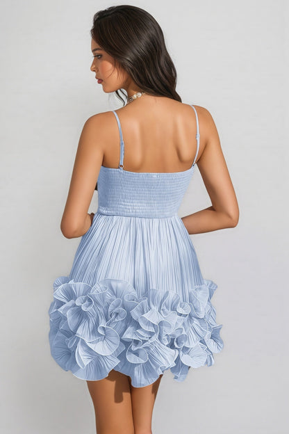 Serady Blue Spaghetti Flower Ruffle Mini Dress