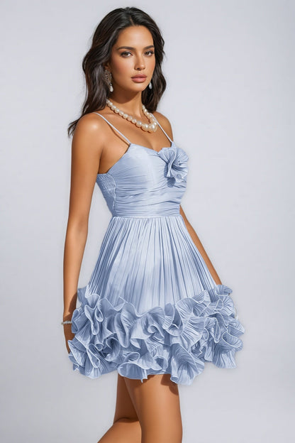 Serady Blue Spaghetti Flower Ruffle Mini Dress