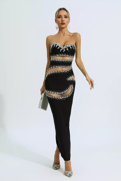 Nala Black Beading Mesh Bandage Dress