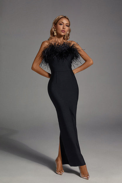 Naomi Black Feather Tassel Maxi Dress