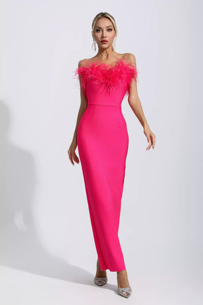 Naomi Rose Red Feather Tassel Maxi Dress