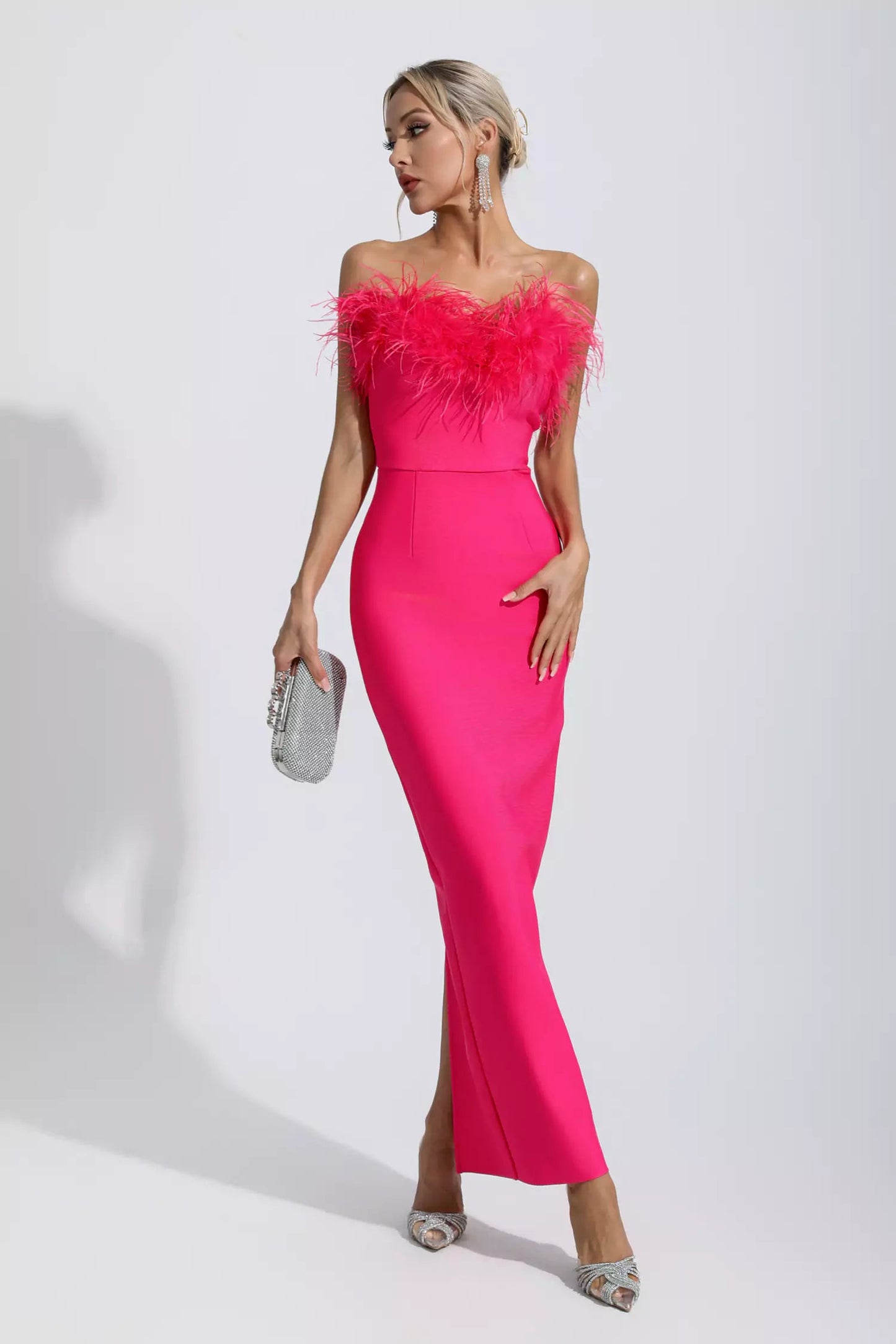 Naomi Rose Red Feather Tassel Maxi Dress