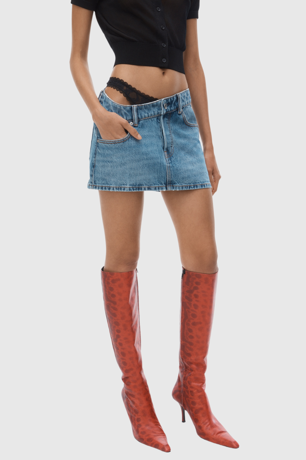 Narwa Asymmetrical Lace Waistband Denim Skirt