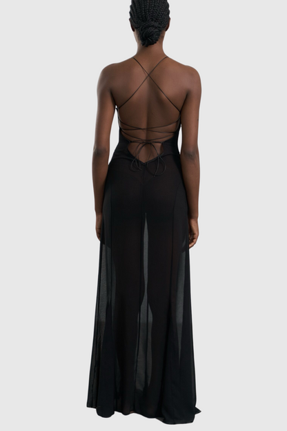 Natane Chiffon Cutout Backless Maxi Dress - Black