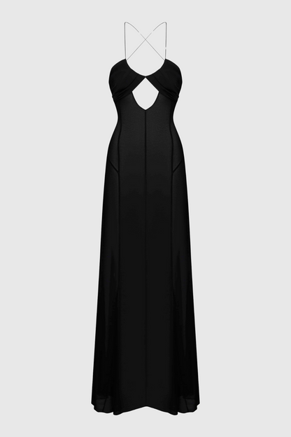 Natane Chiffon Cutout Backless Maxi Dress - Black