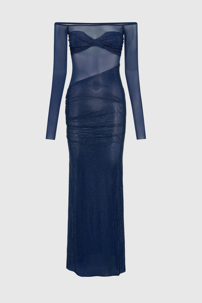 Natane Off Shoulder Crystal Embeliished Maxi Dress - Blue