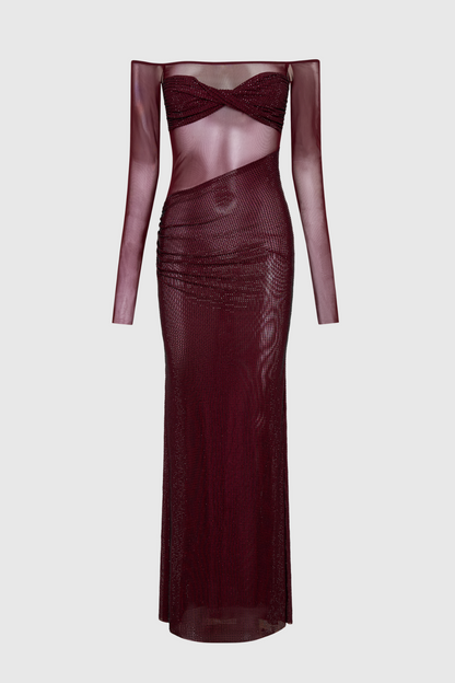 Natane Off Shoulder Crystal Embeliished Maxi Dress - Wine