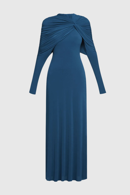 Natosha Ruched Knot Cape Maxi Dress - Navy