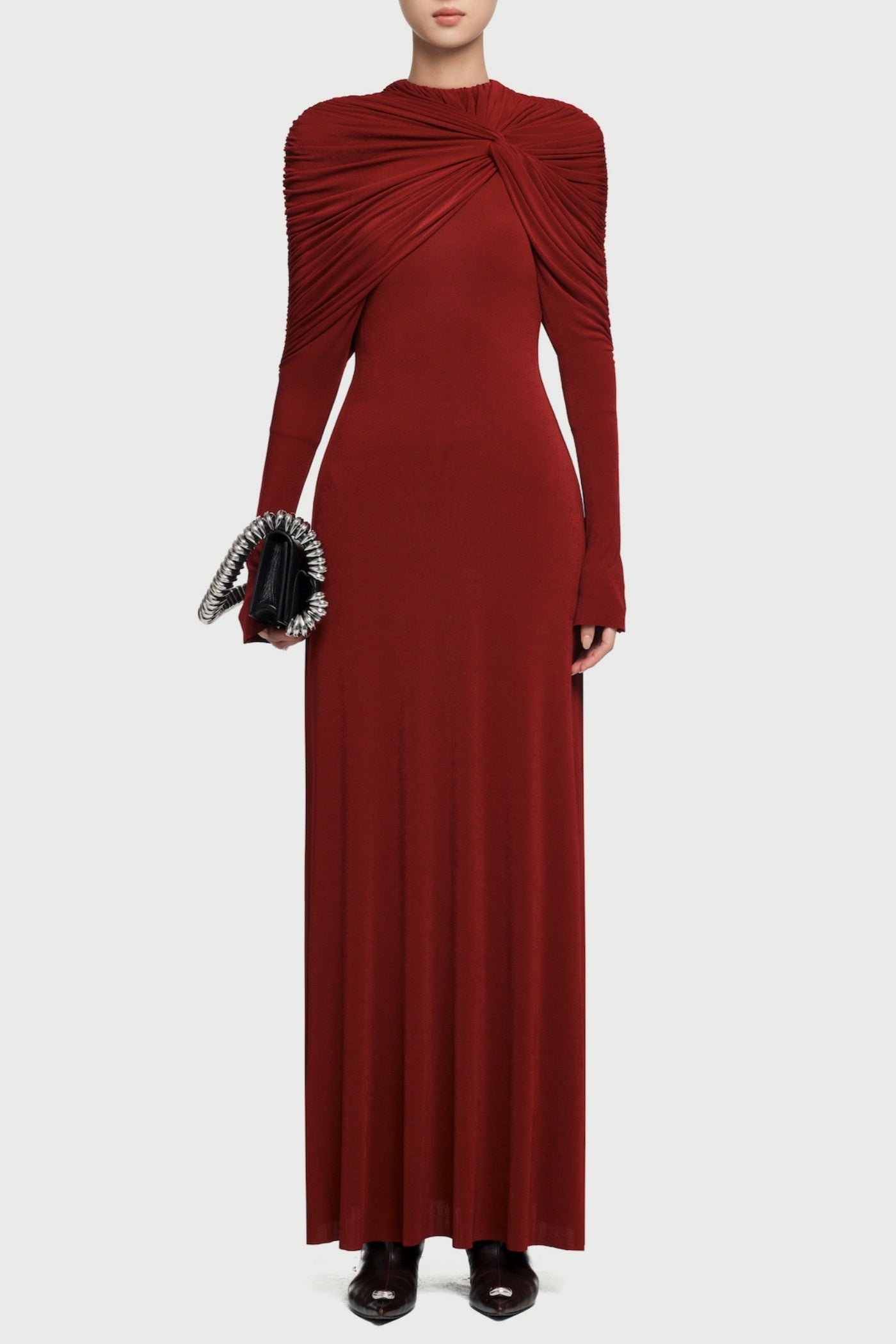 Natosha Ruched Knot Cape Maxi Dress - Wine