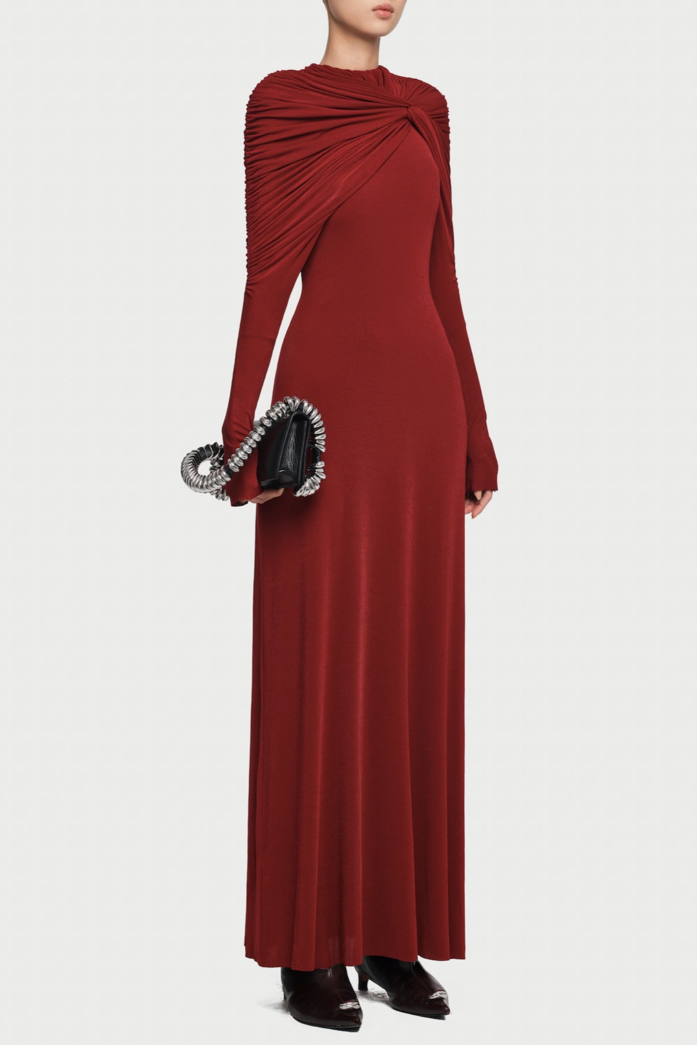 Natosha Ruched Knot Cape Maxi Dress - Wine