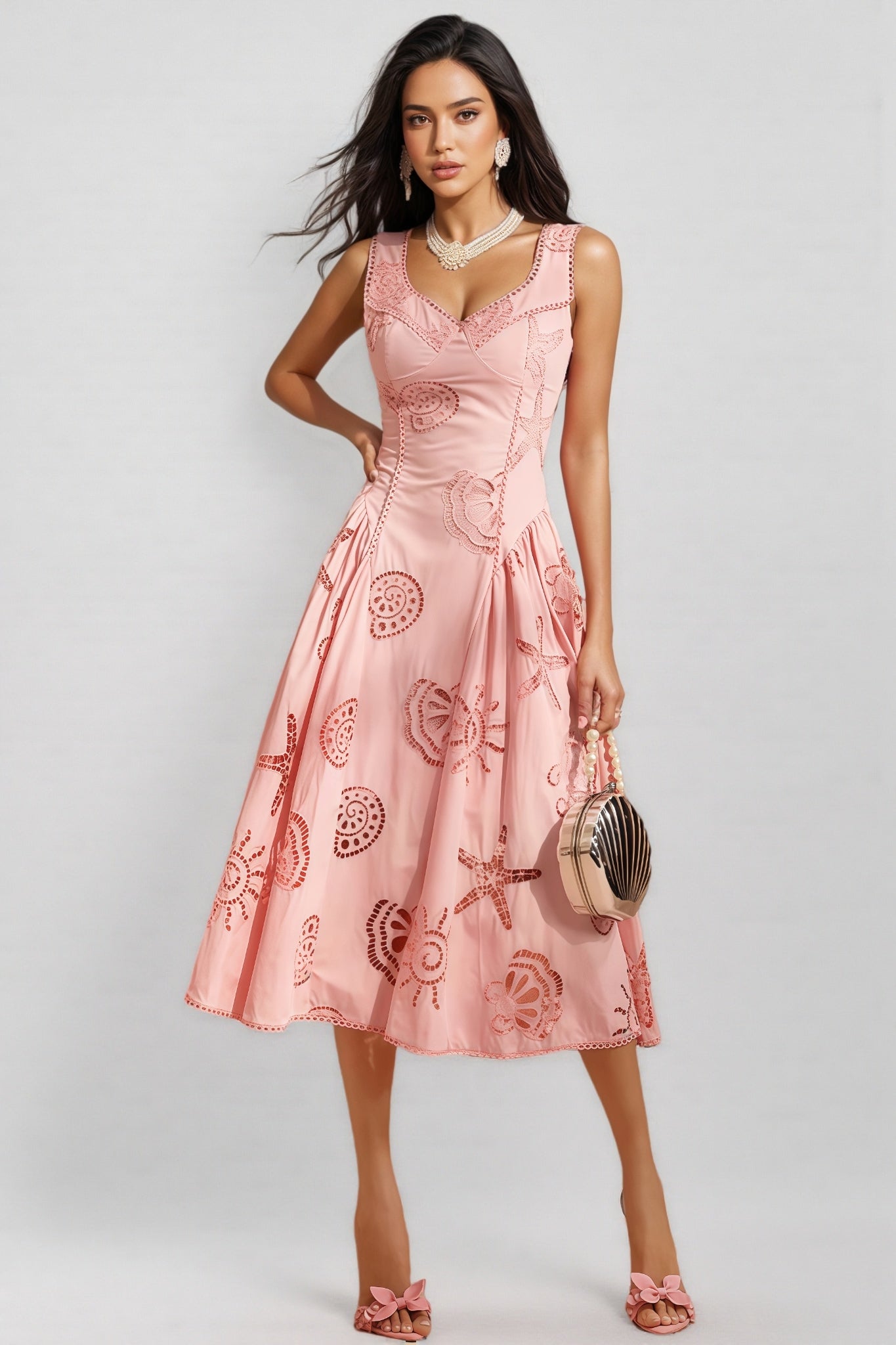 Lukea Pink Embroidered Openwork Midi Dress