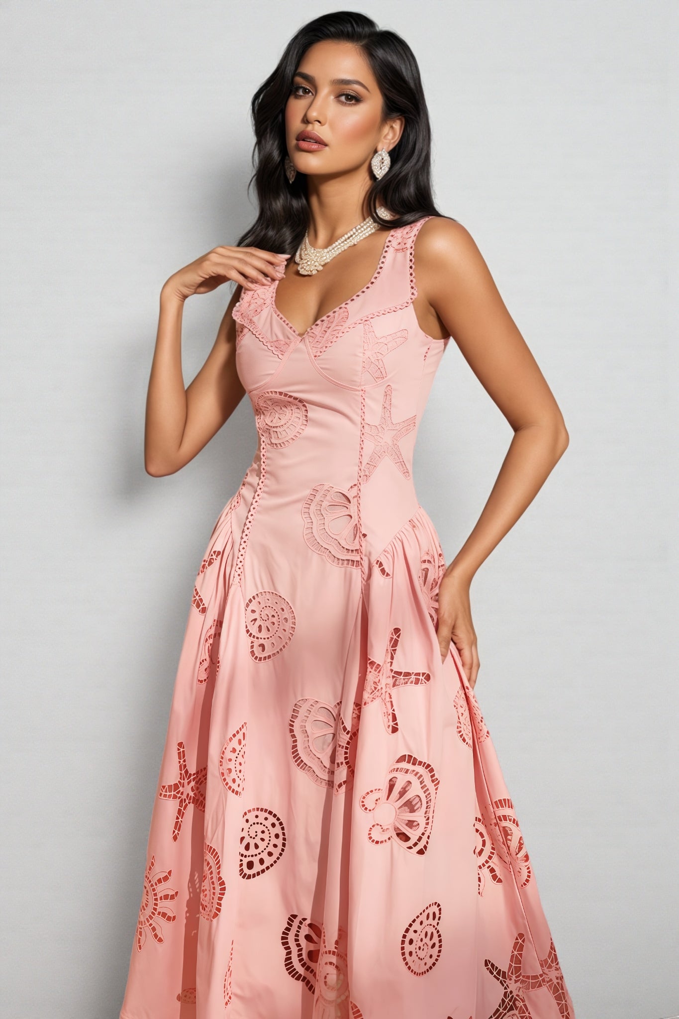 Lukea Pink Embroidered Openwork Midi Dress