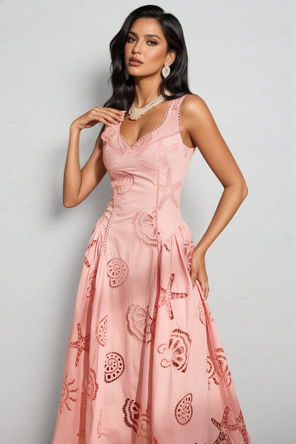 Lukea Pink Embroidered Openwork Midi Dress