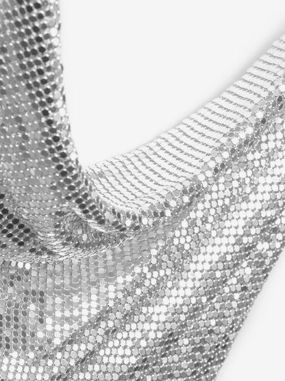 Sexy Straps Halter Metal Tops Sequin Clubwear Tops Sliver Sleeveless Spaghetti Straps Cami Draped Crop For Women