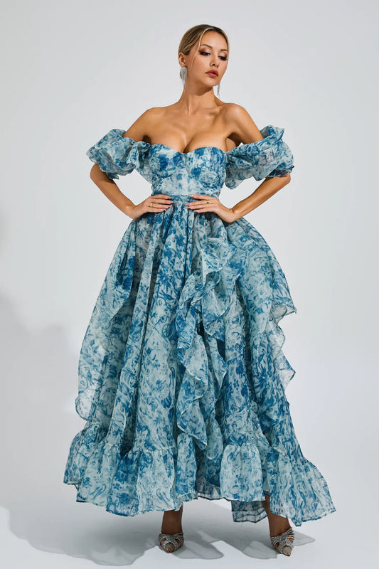 Neil Blue Slit Puff Sleeves Maxi Dress