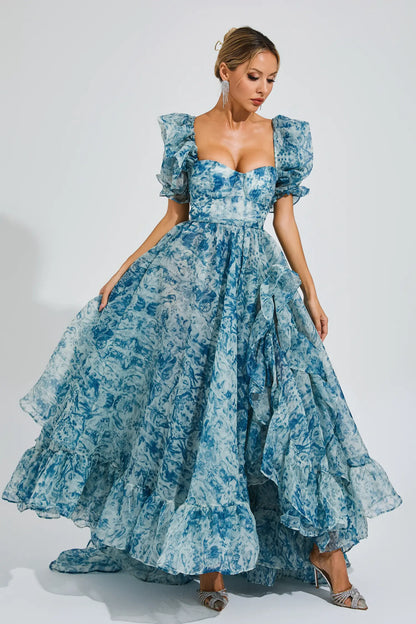 Neil Blue Slit Puff Sleeves Maxi Dress