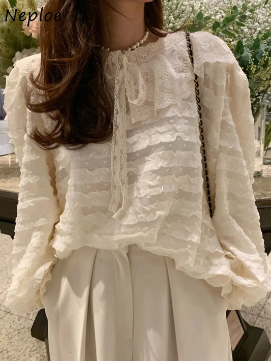 French Style Lace Up Loose Blouse