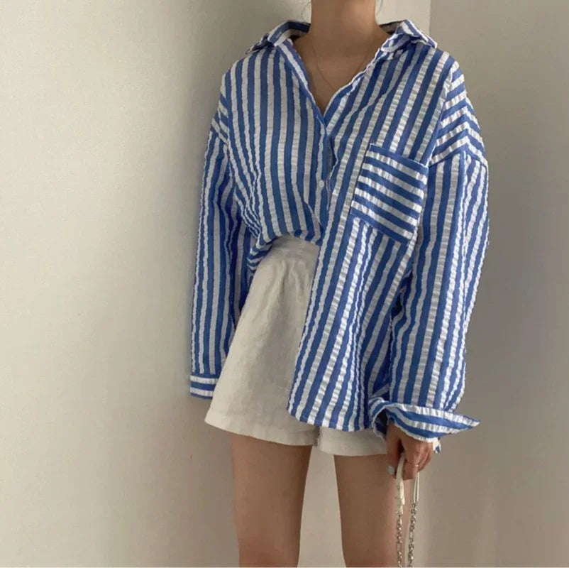 Single-Breasted Striped Lapel Collar Blouse