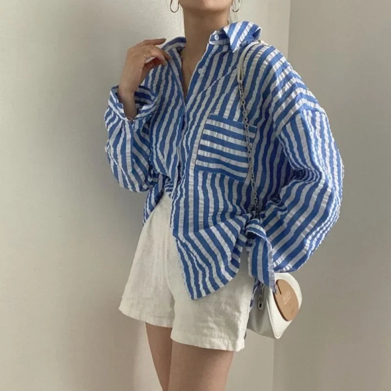 Single-Breasted Striped Lapel Collar Blouse