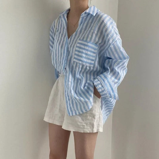 Single-Breasted Striped Lapel Collar Blouse