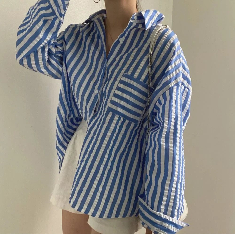 Single-Breasted Striped Lapel Collar Blouse