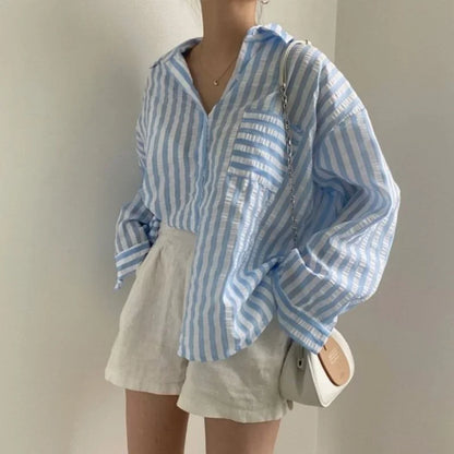 Single-Breasted Striped Lapel Collar Blouse