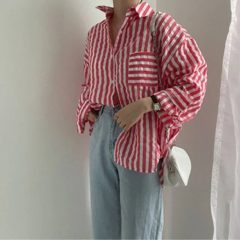 Single-Breasted Striped Lapel Collar Blouse