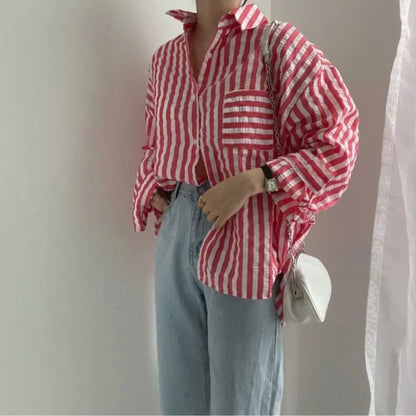 Single-Breasted Striped Lapel Collar Blouse