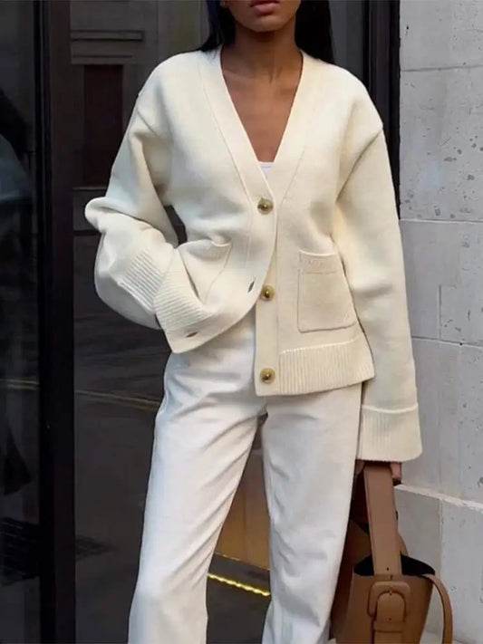 Classic Solid Pocket V-Neck Single-Breasted Cardigan