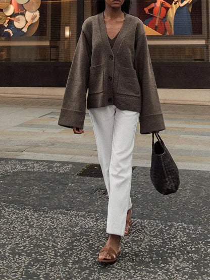 Classic Solid Pocket V-Neck Single-Breasted Cardigan