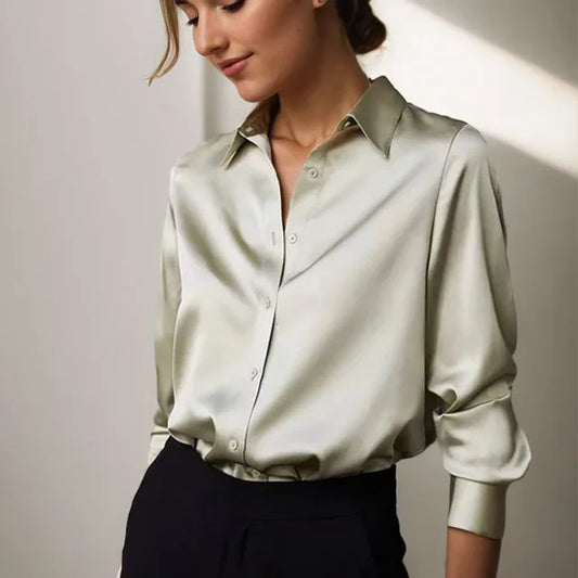 | Women’s Long Sleeve Button Down Satin Blouse