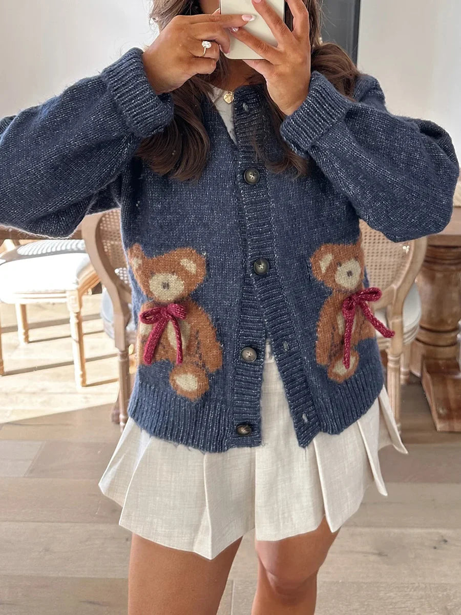 Bear Print Button-Up Round Neck Knit Cardigan