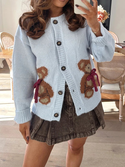 Bear Print Button-Up Round Neck Knit Cardigan