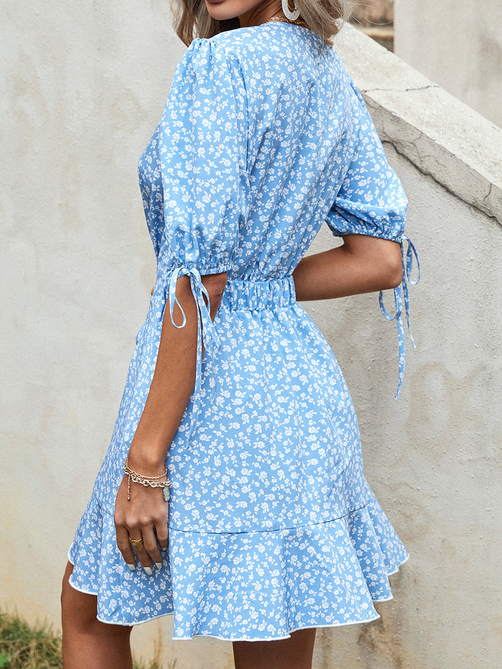 Ditsy Floral Print V-Neck Button Front Tie Waist Puff Sleeve Ruffle Hem Mini Dress