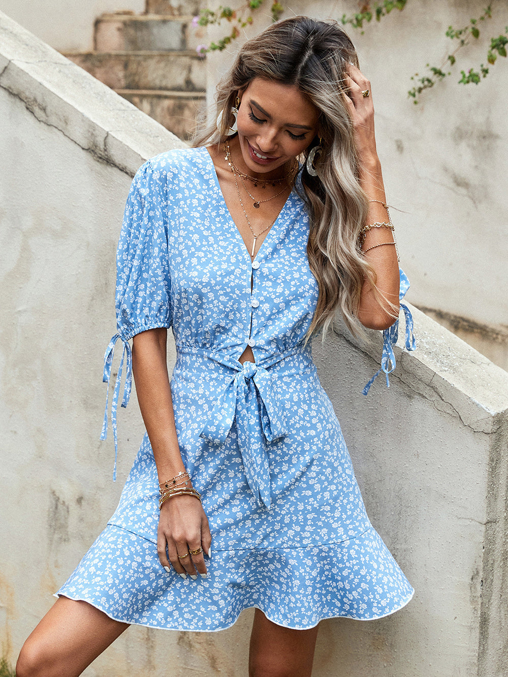 Ditsy Floral Print V-Neck Button Front Tie Waist Puff Sleeve Ruffle Hem Mini Dress