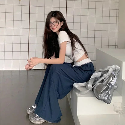 Patchwork Wide Leg Casual Drape Straight Pant