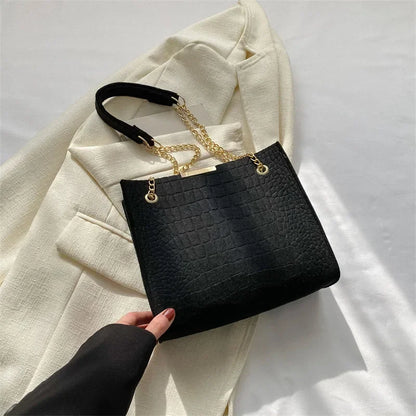 Solid Color Crocodile Print Large Capacity Shoulder Handbag