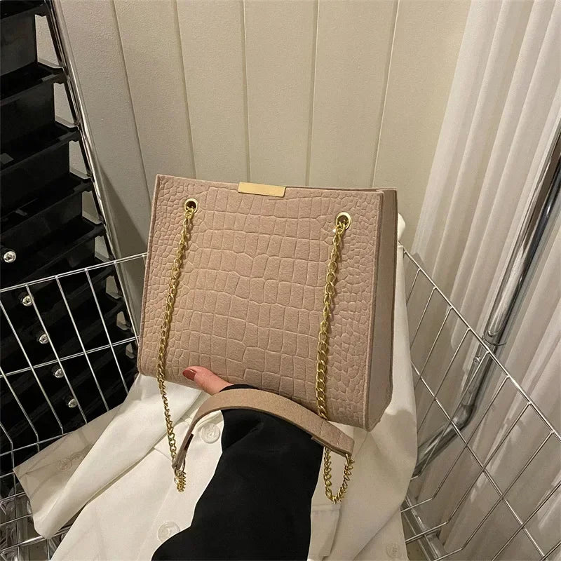 Solid Color Crocodile Print Large Capacity Shoulder Handbag