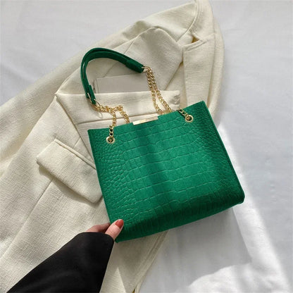 Solid Color Crocodile Print Large Capacity Shoulder Handbag