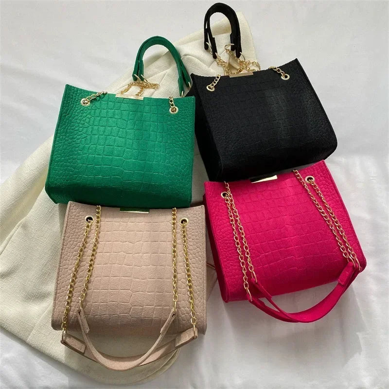 Solid Color Crocodile Print Large Capacity Shoulder Handbag