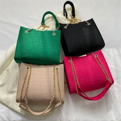 Solid Color Crocodile Print Large Capacity Shoulder Handbag